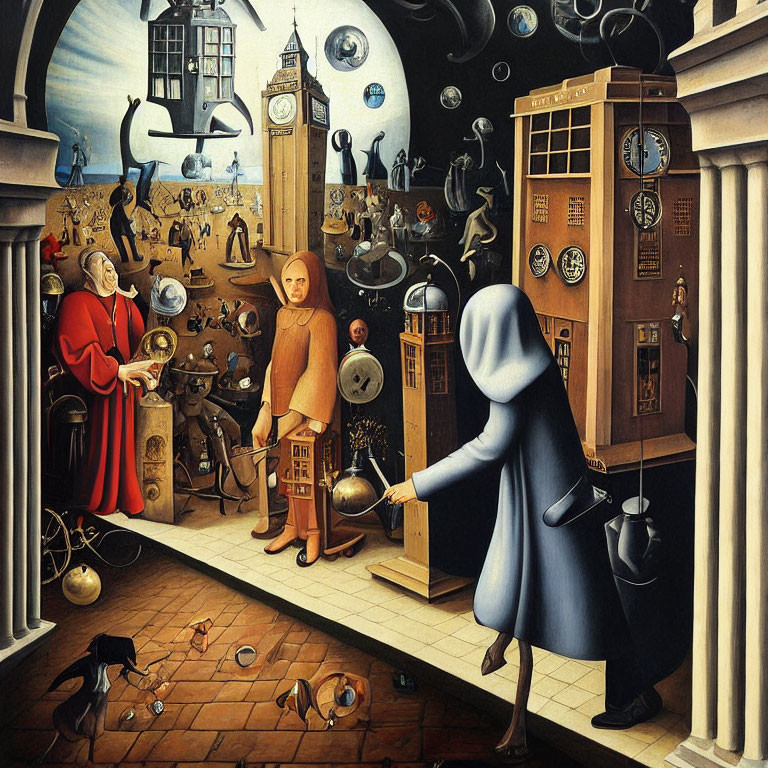 Surreal painting of figures with clocks in architectural room
