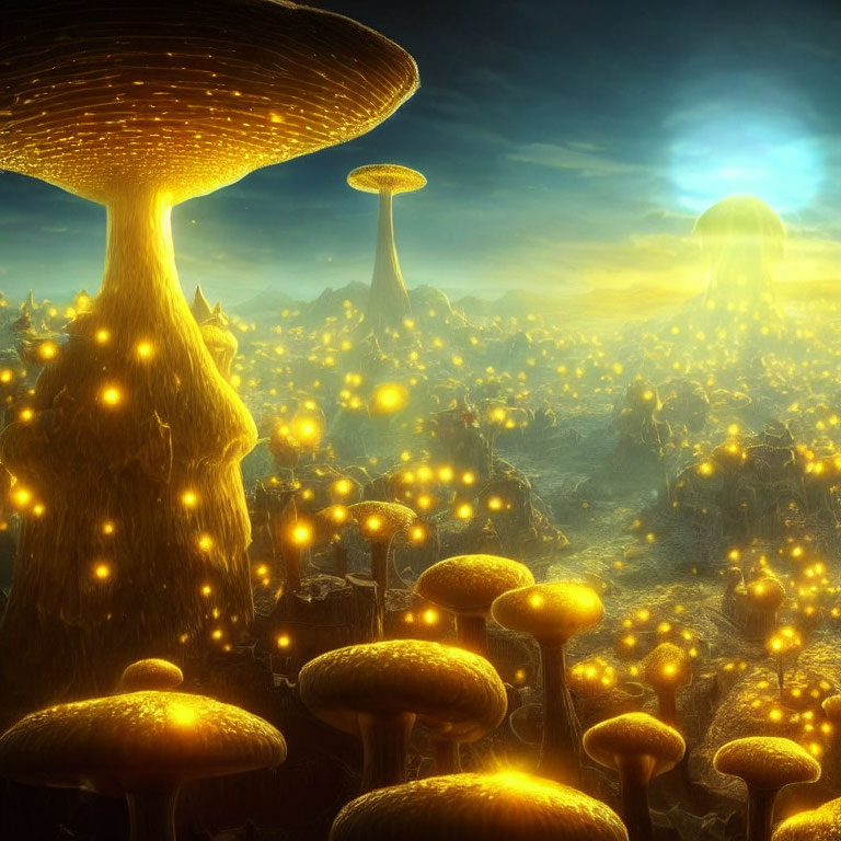 Mystical landscape with towering mushroom-shaped structures