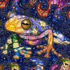 Colorful Mosaic Pattern Frog on Abstract Cosmic Background