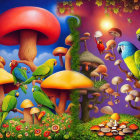 Fantasy illustration: Mushroom-shaped village with cobblestone path and lush greenery