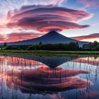 Scenic landscape: vibrant sunset over serene lake and Mount Fuji