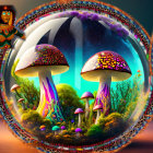 Colorful digital artwork: Glass teapot in surreal landscape with glowing mushrooms under starry sky
