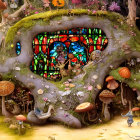 Enchanted forest cottage with stained glass window and vibrant flora