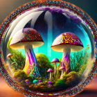 Colorful Psychedelic Mushroom Illustration with Cosmic Background and Floral Frame