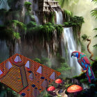 Ancient temple with waterfalls, greenery, and two individuals with red umbrellas