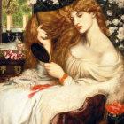 Ethereal woman with red hair in white gown in garden with spectral figure