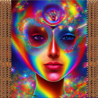 Colorful portrait with floral crown, psychedelic swirls, ornate patterns, and nature elements.