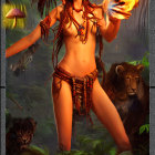 Fantasy illustration of woman with ornate headdress and torch in jungle with lions