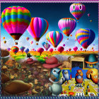 Whimsical landscape with colorful hot air balloons and cartoon owls in a tea party