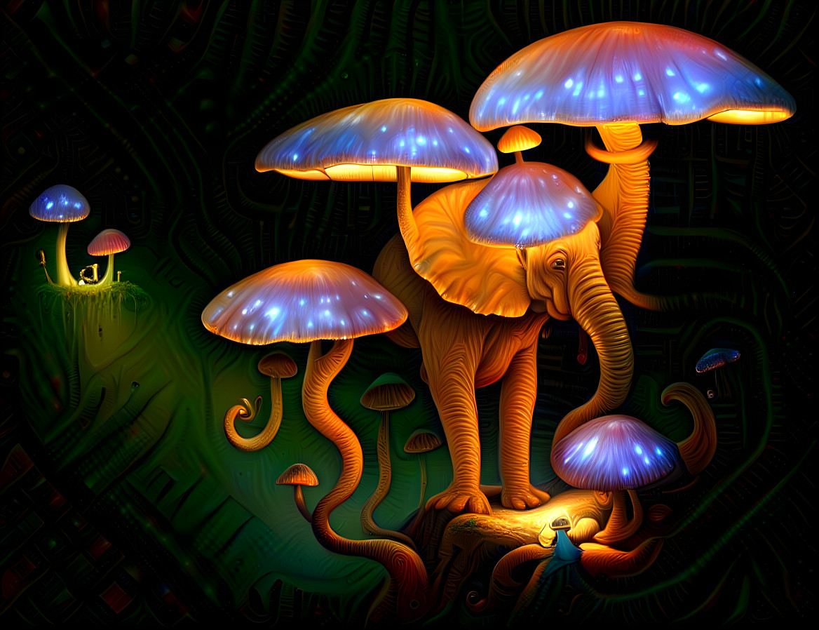 Elephants Huddle Under Mushrooms As Night Settles
