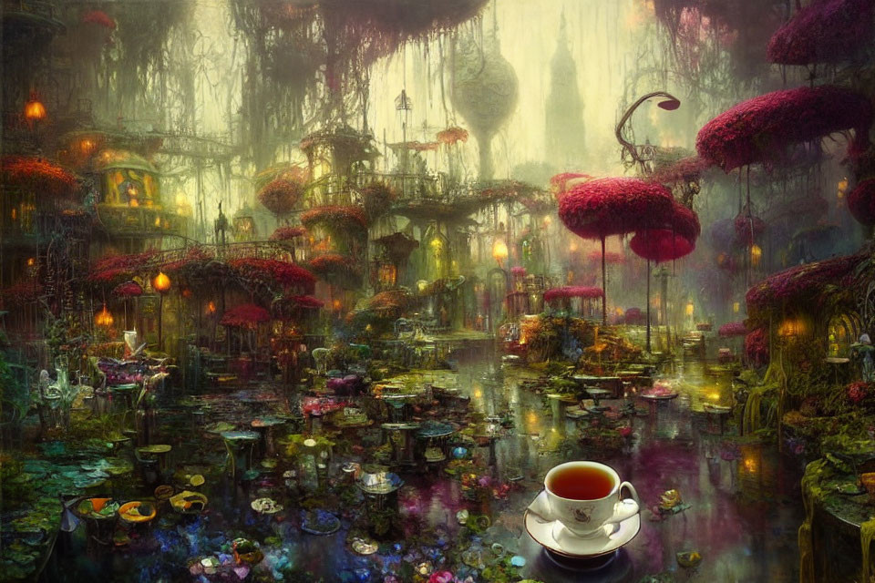 Fantasy Landscape with Oversized Mushrooms and Teacups