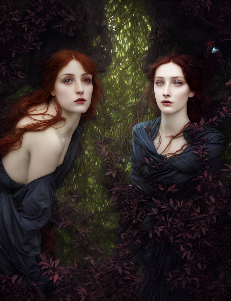 Two Red-Haired Women in Enchanted Forest with Raven and Crimson Foliage