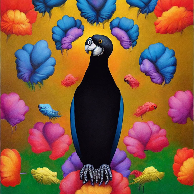 Colorful Artwork: Large Penguin Surrounded by Vibrant Birds on Gradient Background