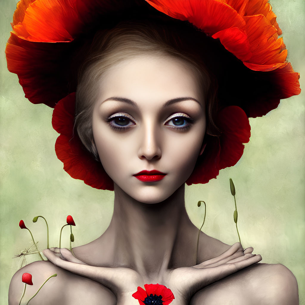 Woman with expressive eyes and poppy flower headdress holding a bloom