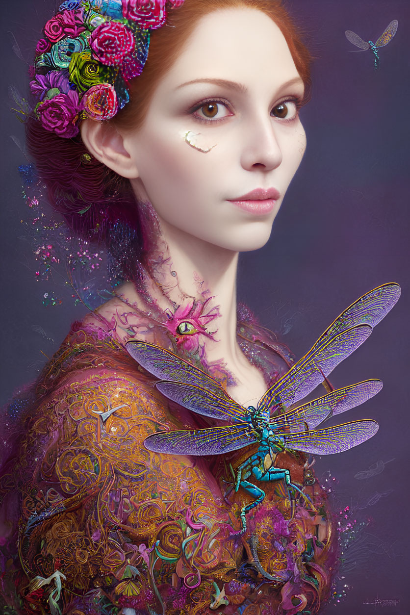 Surreal portrait of woman with dragonfly wings and vibrant flowers on purple background