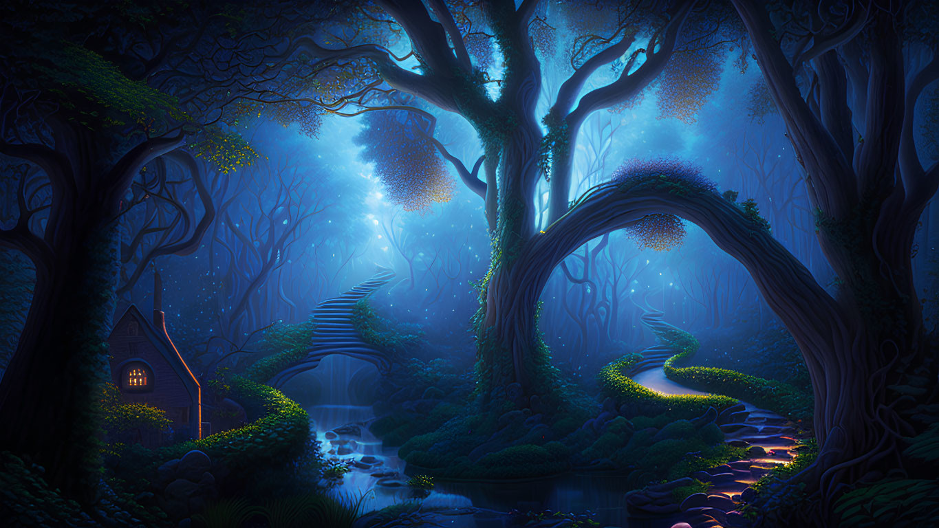Nighttime Forest with Glowing Blue Lights, Tree Pathway, and Cozy Cottage
