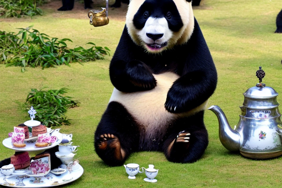Panda with tea set on grass, pouring tea from floating teapot