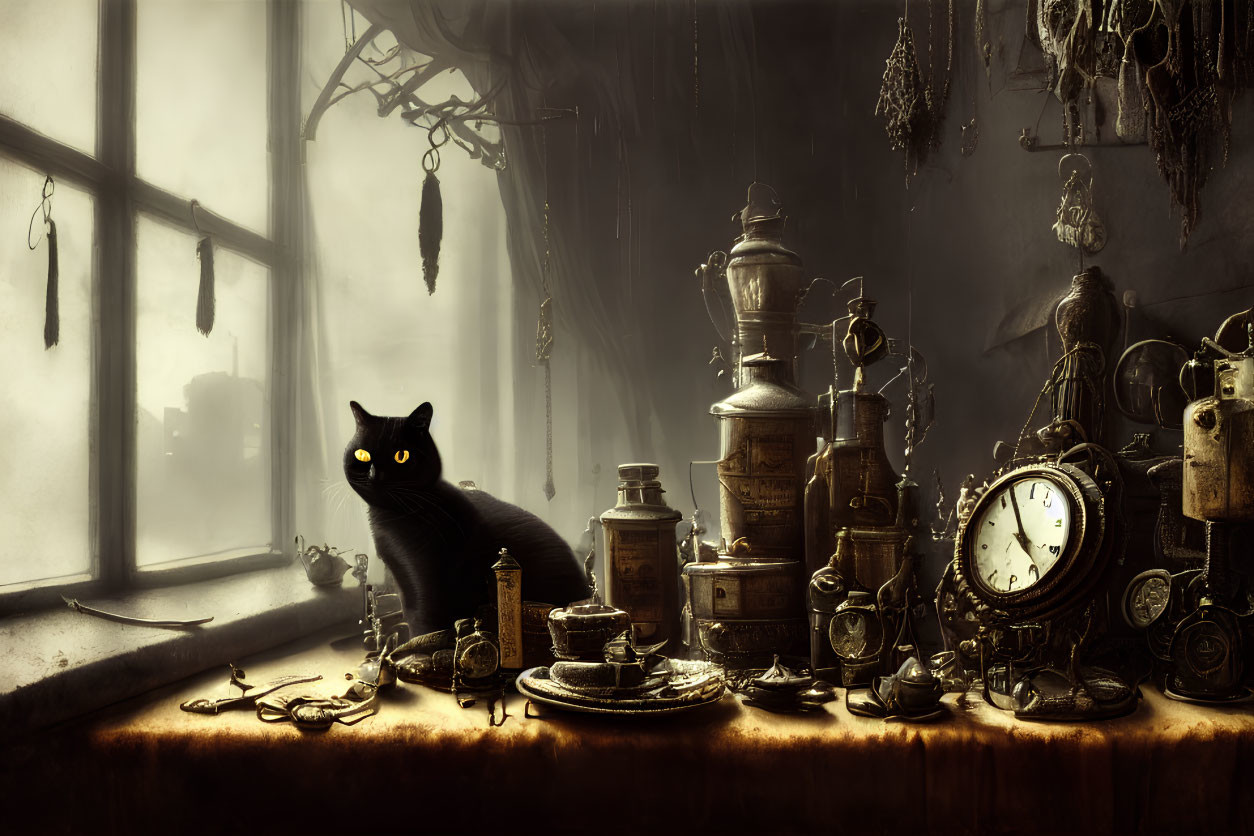 Black Cat with Glowing Eyes Among Vintage Items by Foggy Window