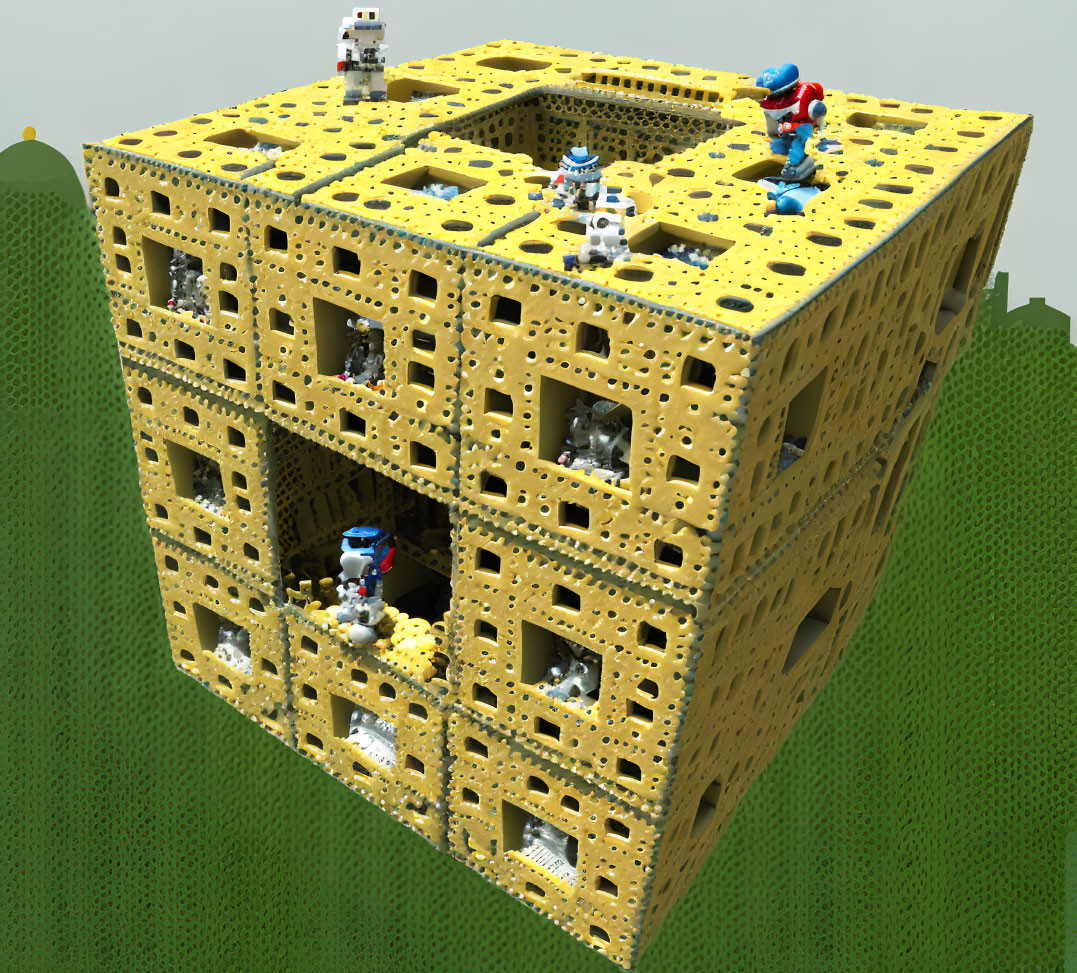 Yellow Cube Structure with Interlocking Pieces and Various Figures