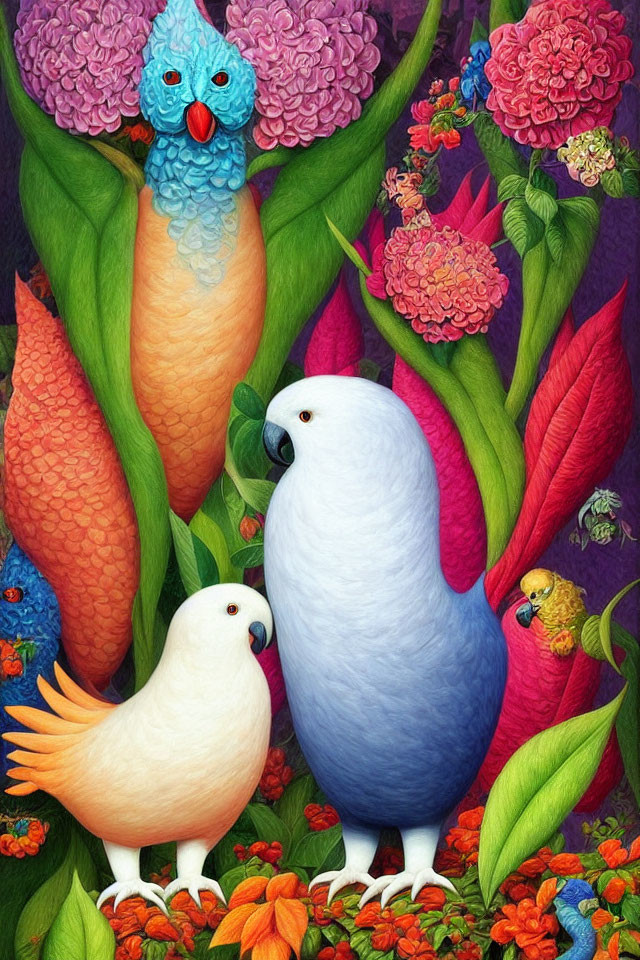Three stylized birds in vibrant flora setting with intricate textures and a small bird perched.