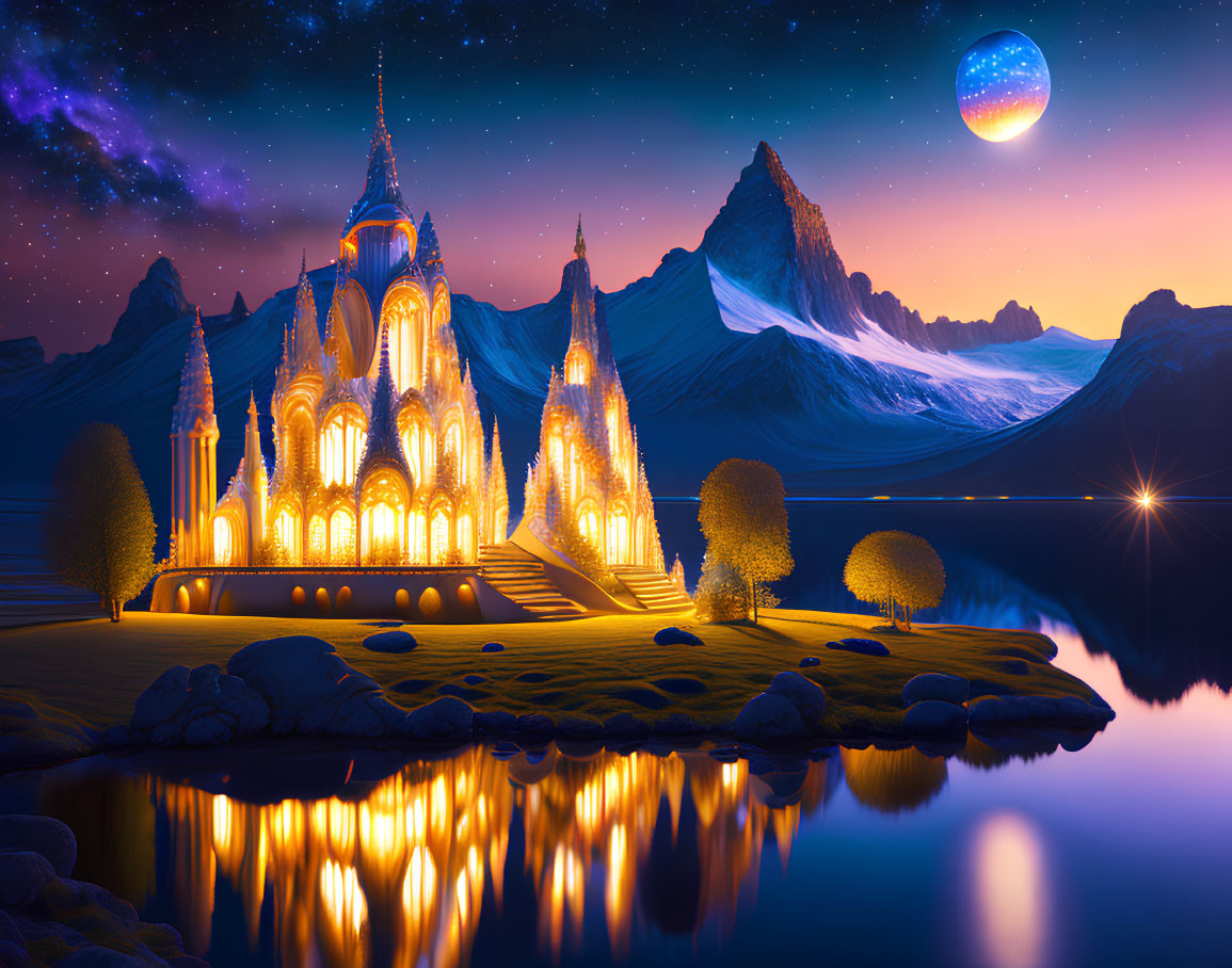 Fantasy castle night scene with starry sky, glowing moon, mountains, and serene lake
