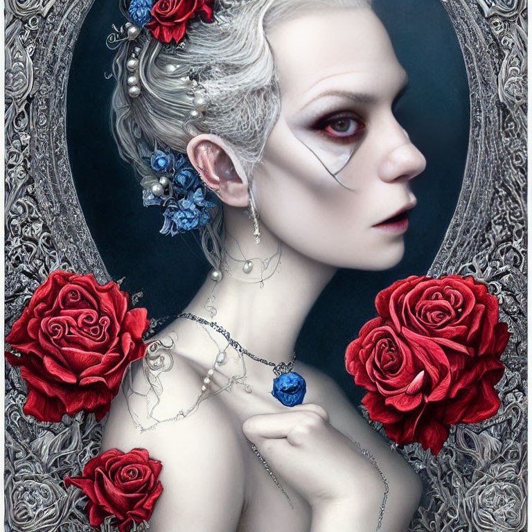Pale Woman with Red and Blue Roses and Ornate Silver Jewelry in Gothic Setting