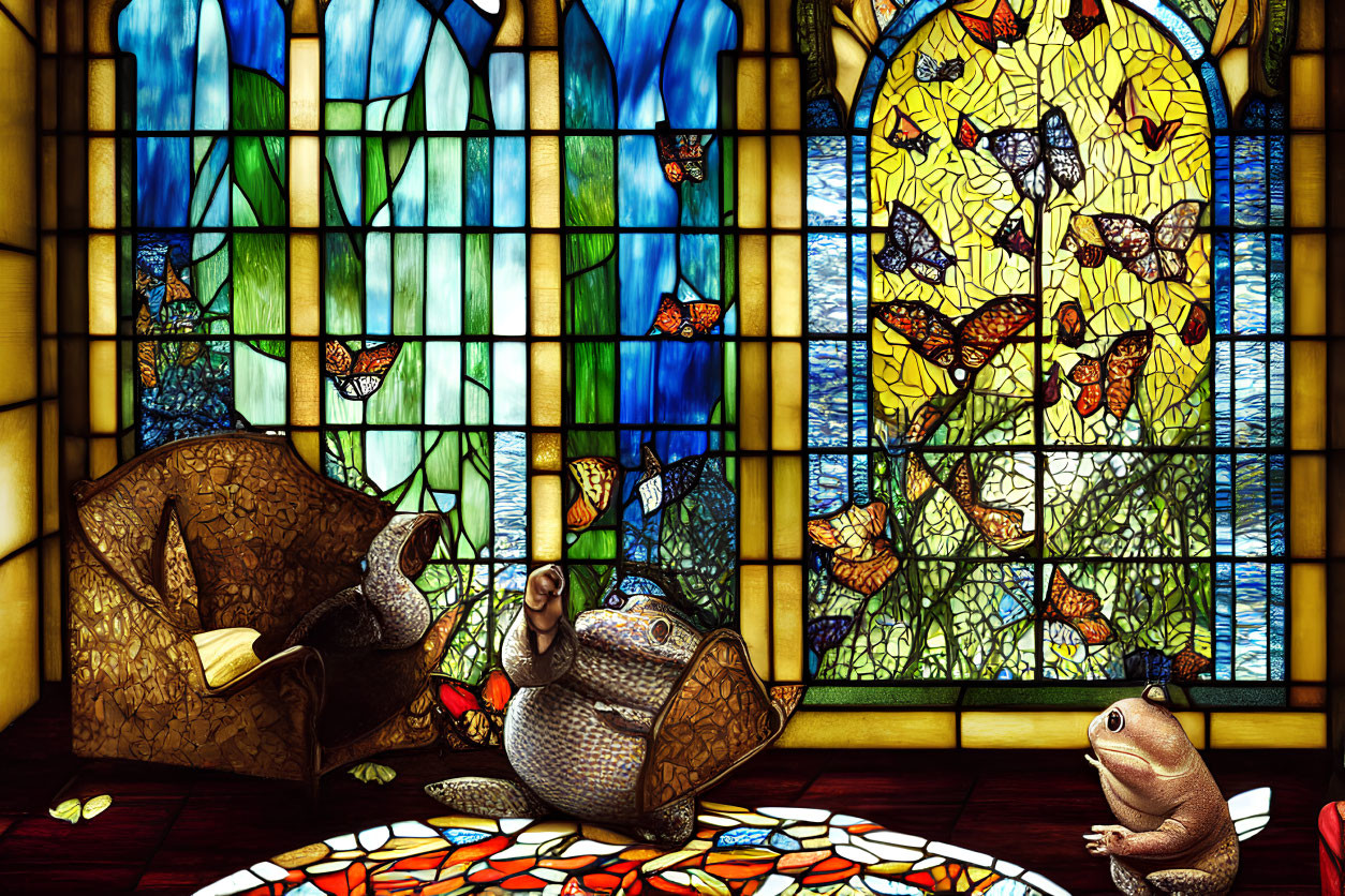 Colorful stained glass room with butterflies, armchair, book, teapot, and frog