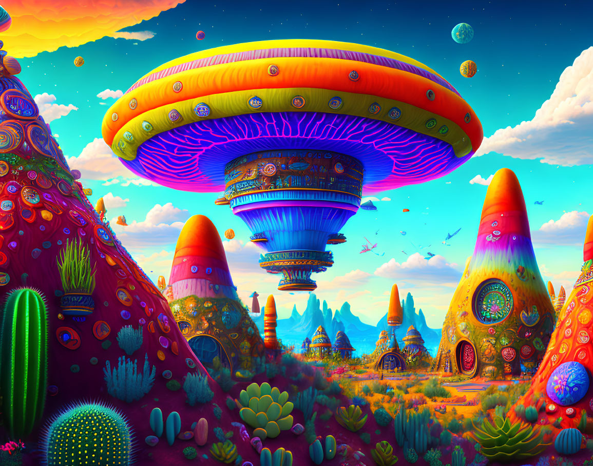 Colorful Psychedelic Landscape with Mushroom Structures and Sunset Sky