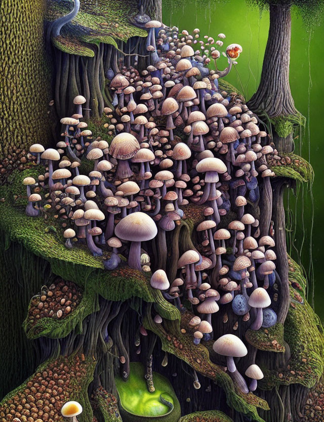 Fantasy illustration: Mushrooms cluster on twisted tree trunk with green creature.
