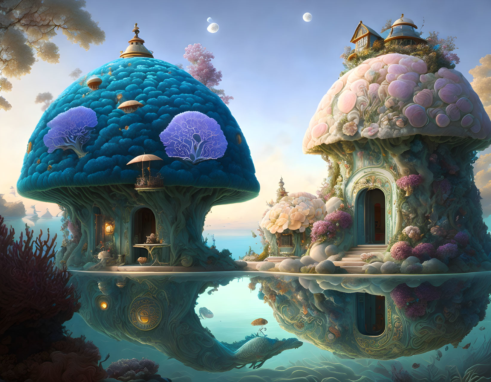 Whimsical mushroom houses by reflective water with floating moons