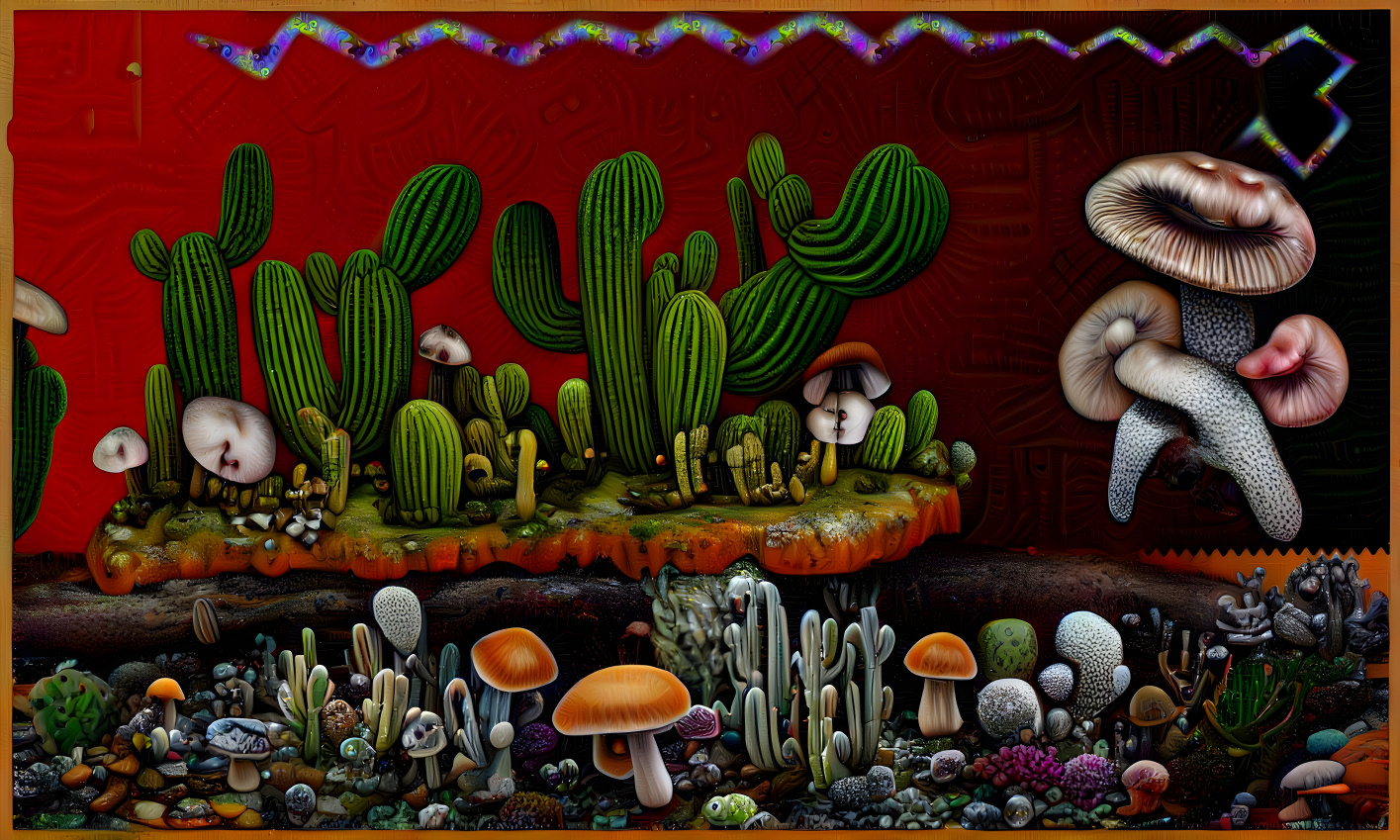 Mushroom and Cactus Forest with Feathered Serpent