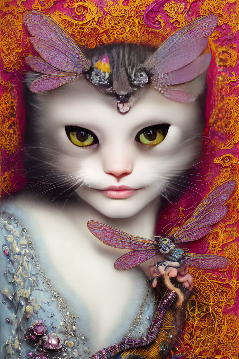 Surreal humanoid cat portrait with green eyes and dragonfly wings