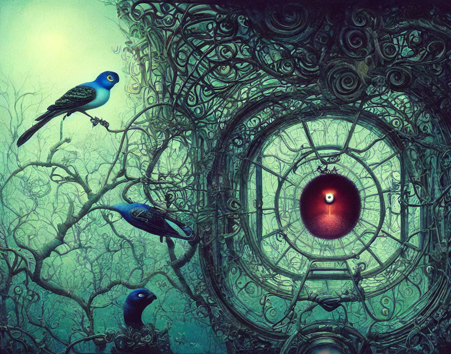 Surreal artwork: Blue birds on twisted branches around ornate window