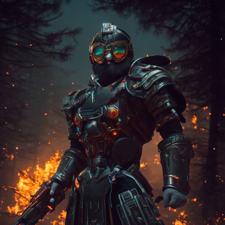 Futuristic armored figure with glowing goggles in dark forest with embers.