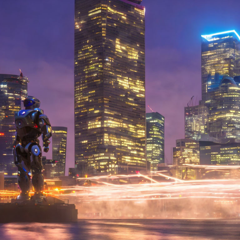 Robot posing against illuminated city skyline at dusk with traffic light trails.