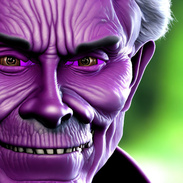 Purple-skinned character with red eyes and white hair on green background