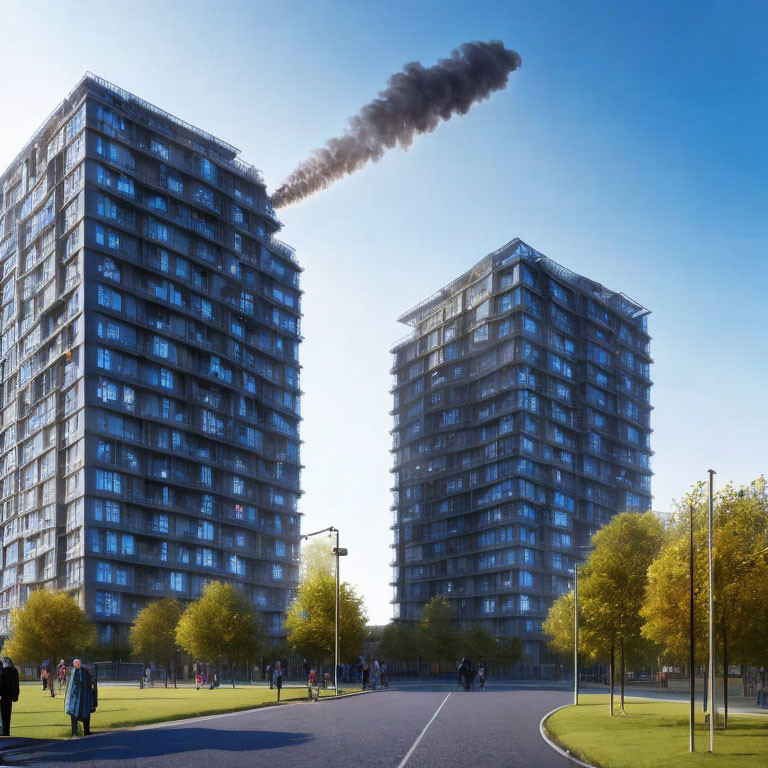 Modern high-rise buildings with surreal rocket twist in clear blue sky
