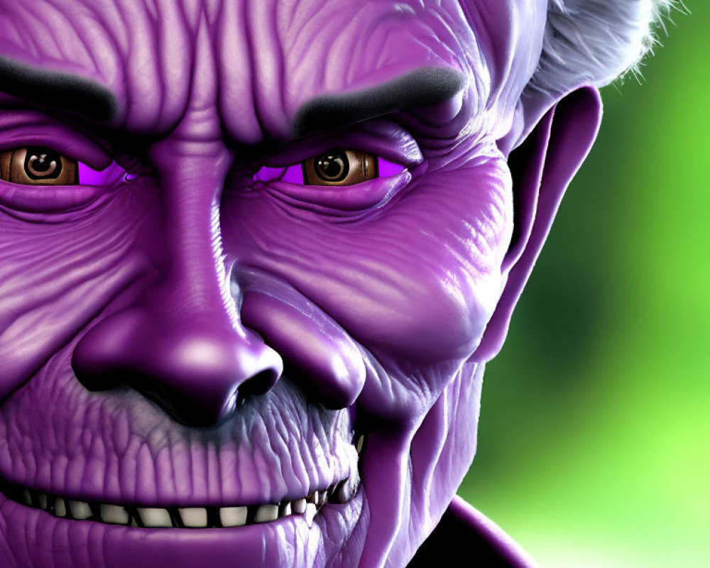 Purple-skinned character with red eyes and white hair on green background
