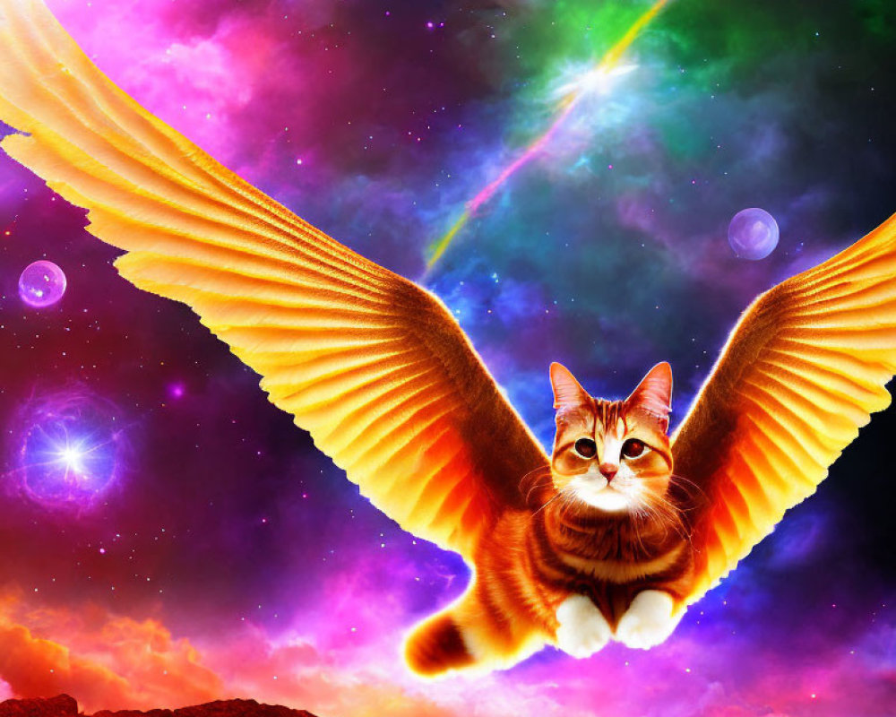 Flying cat with majestic wings in vibrant cosmic sky