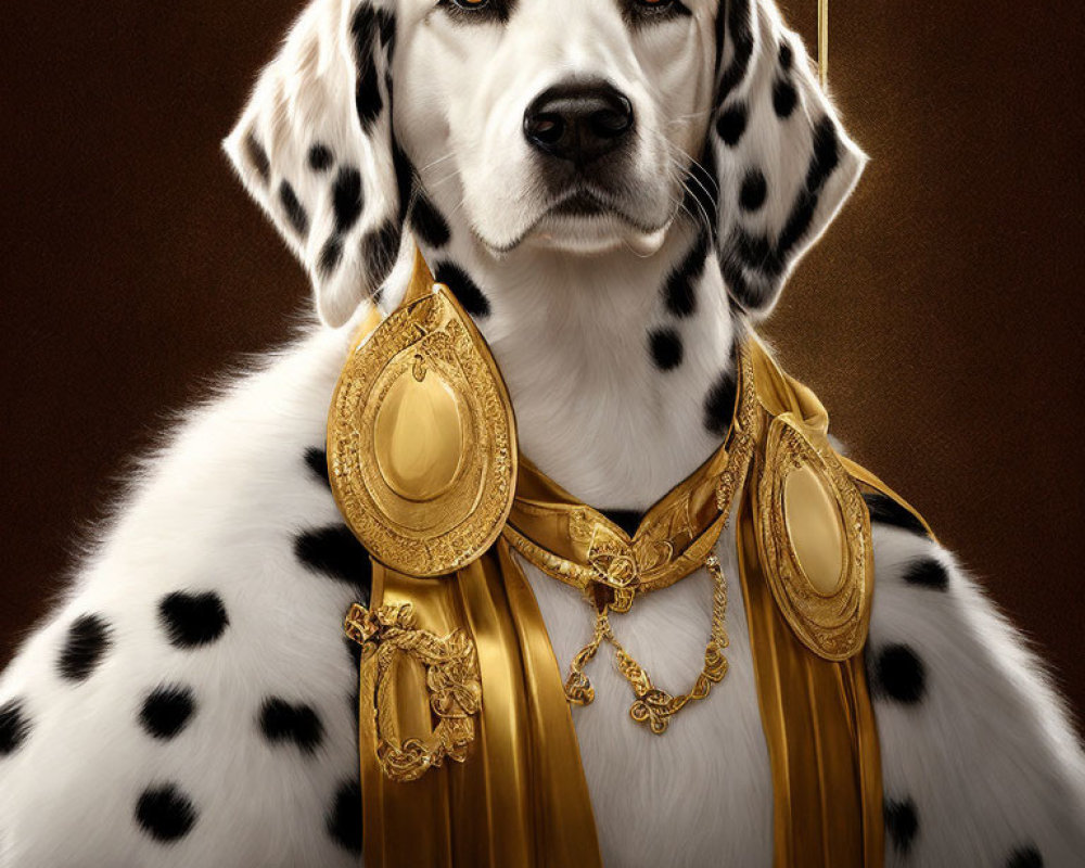 Luxurious Golden-Adorned Dalmatian Dog on Brown Background