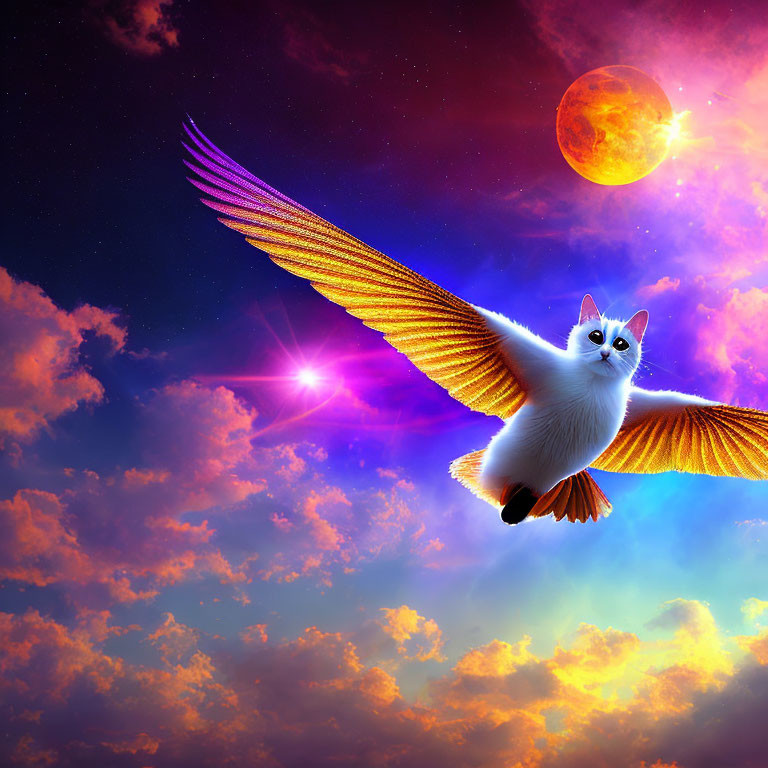 White Cat with Golden Wings Soaring in Vibrant Sky