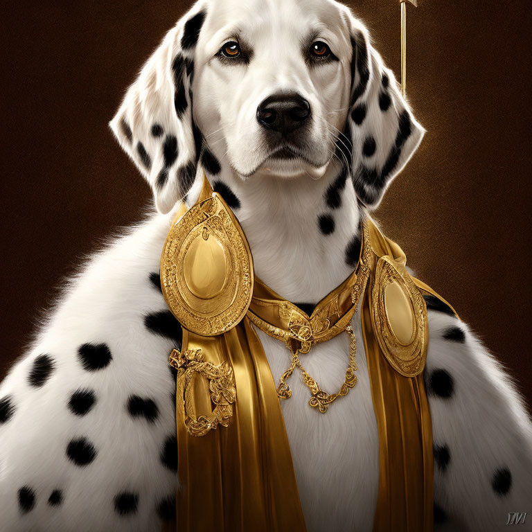 Luxurious Golden-Adorned Dalmatian Dog on Brown Background