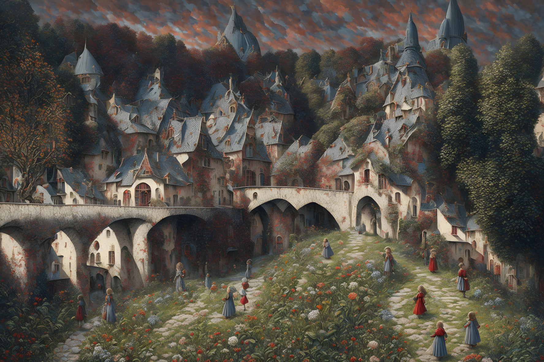 Medieval village with stone houses, turrets, bridge, dense foliage, people in period attire,