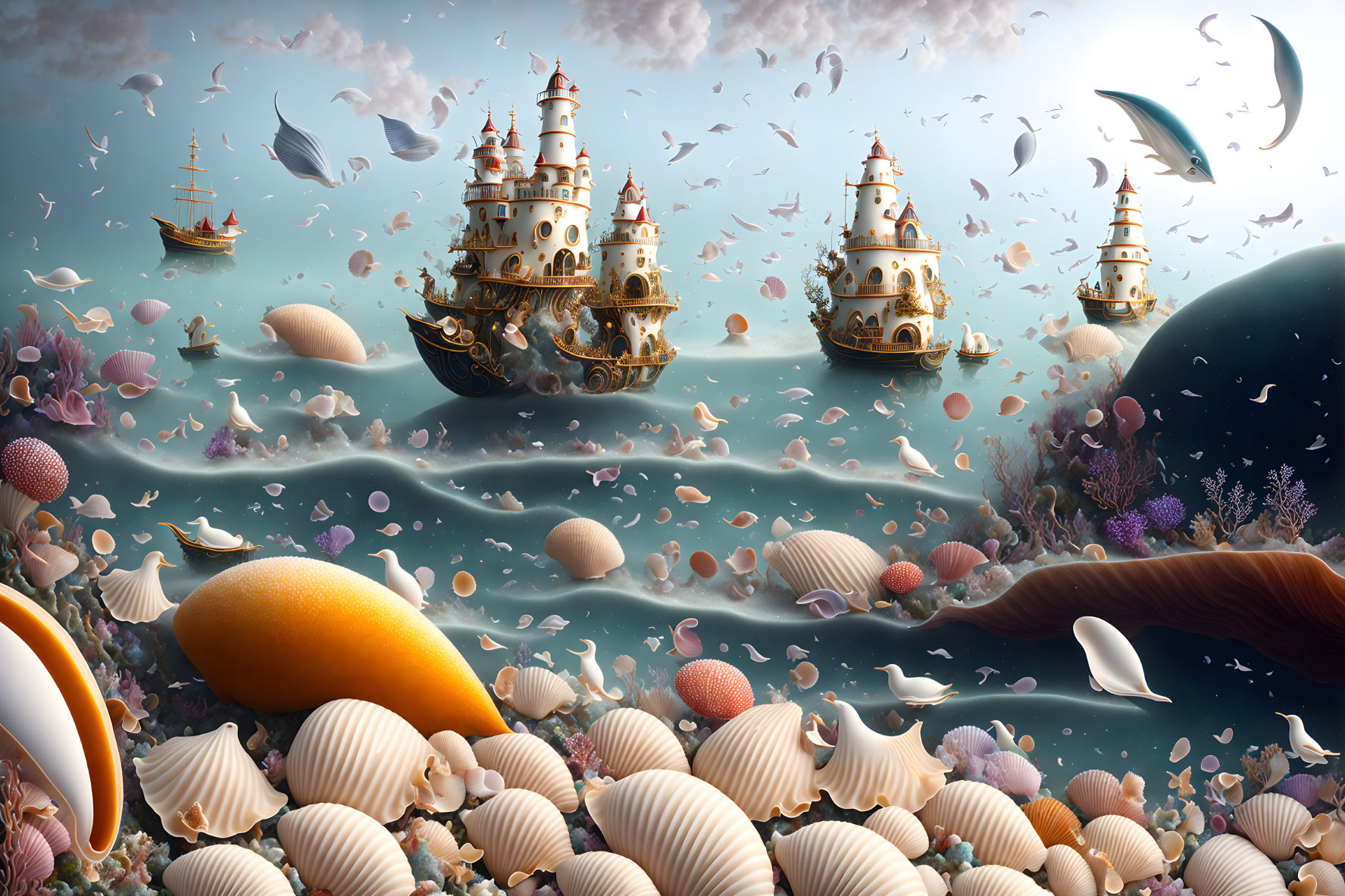 Fantastical seascape with floating castles, sea life, moons, and surreal sky-sea