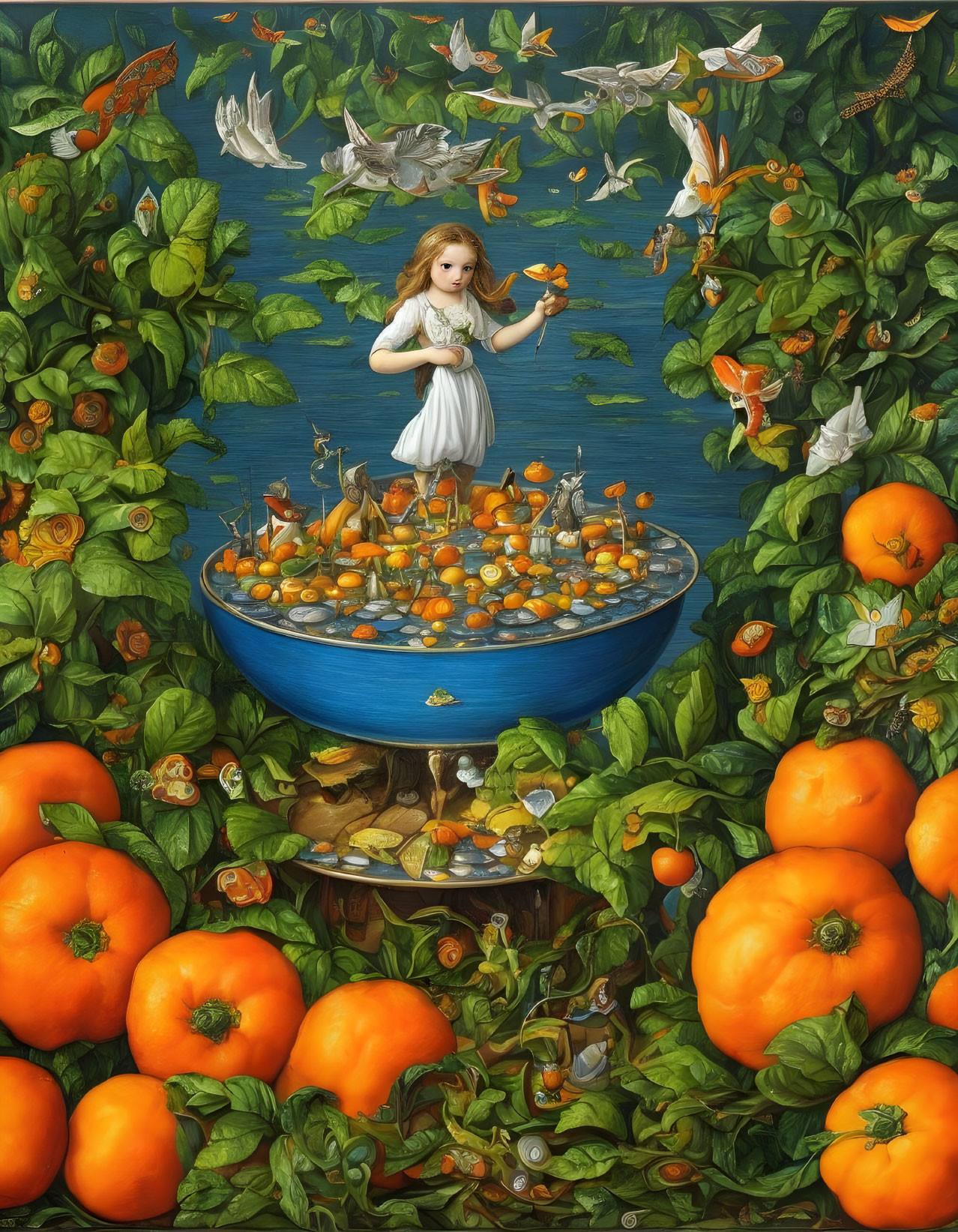 Girl on pedestal with birds, oranges, and foliage in whimsical scene
