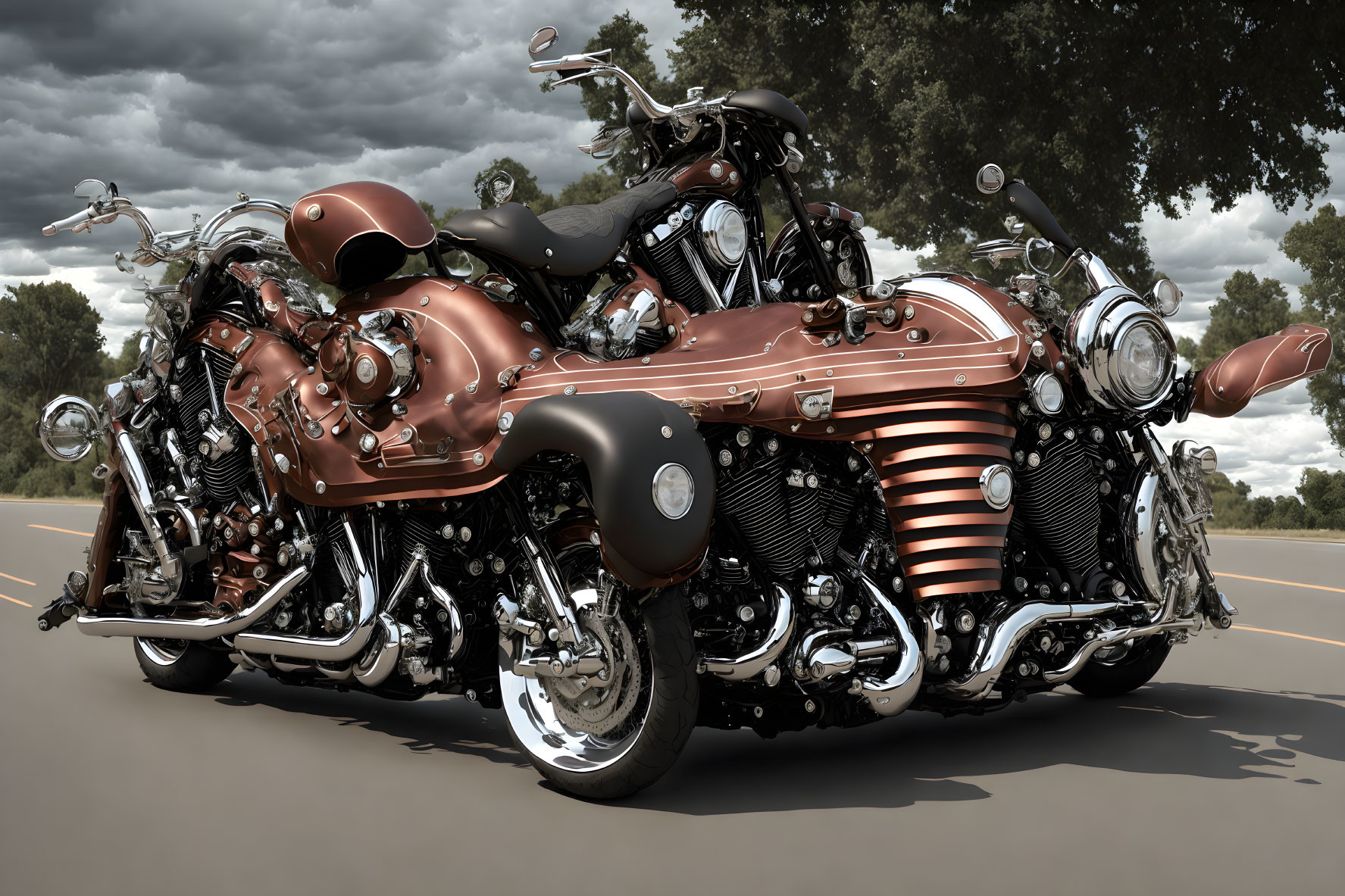 Customized Twin-Engine Motorcycle with Copper and Black Color Scheme