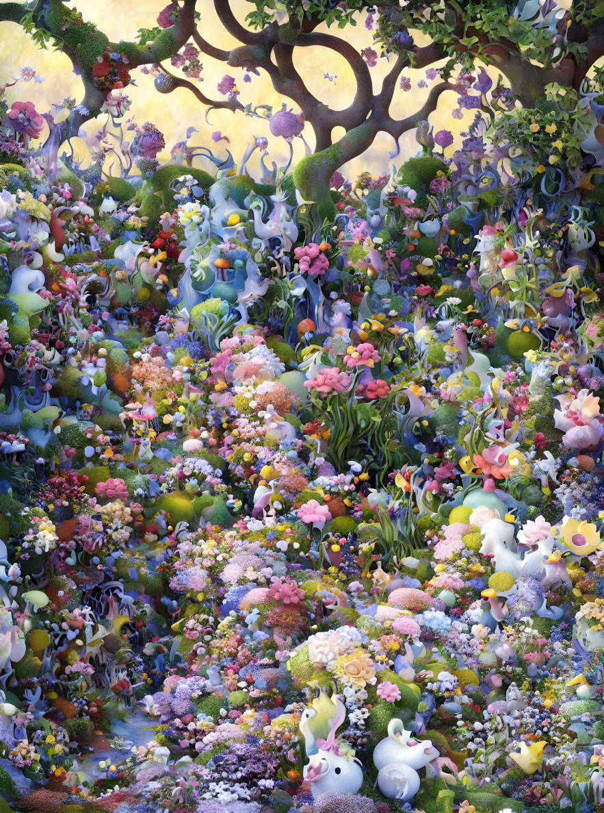 Detailed illustration: Fantastical garden with diverse flowers, creatures, and lush foliage