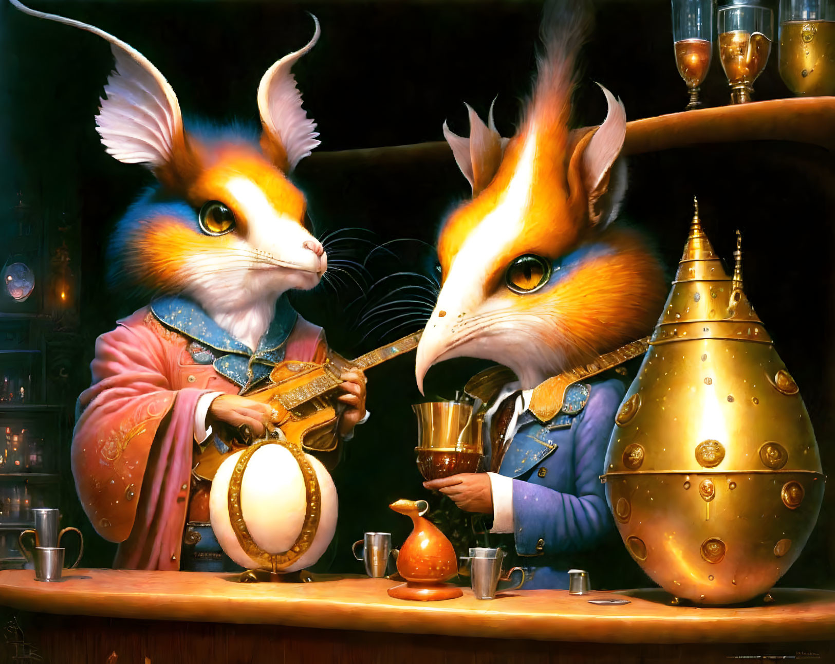 Anthropomorphic foxes in elegant attire having tea with lute, surrounded by luxury items and golden