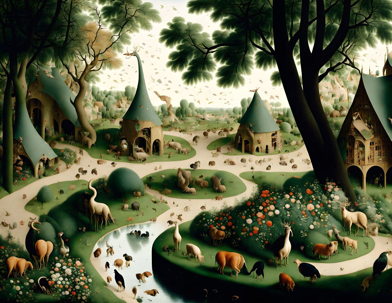 Whimsical landscape with rolling hills, diverse animals, and oversized tree canopy