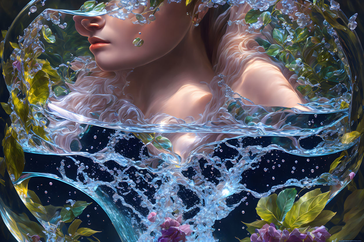 Woman in Clear Water Surrounded by Vibrant Flora and Floating Hair